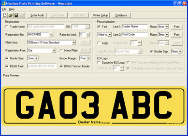 Main screen of number plate printing software